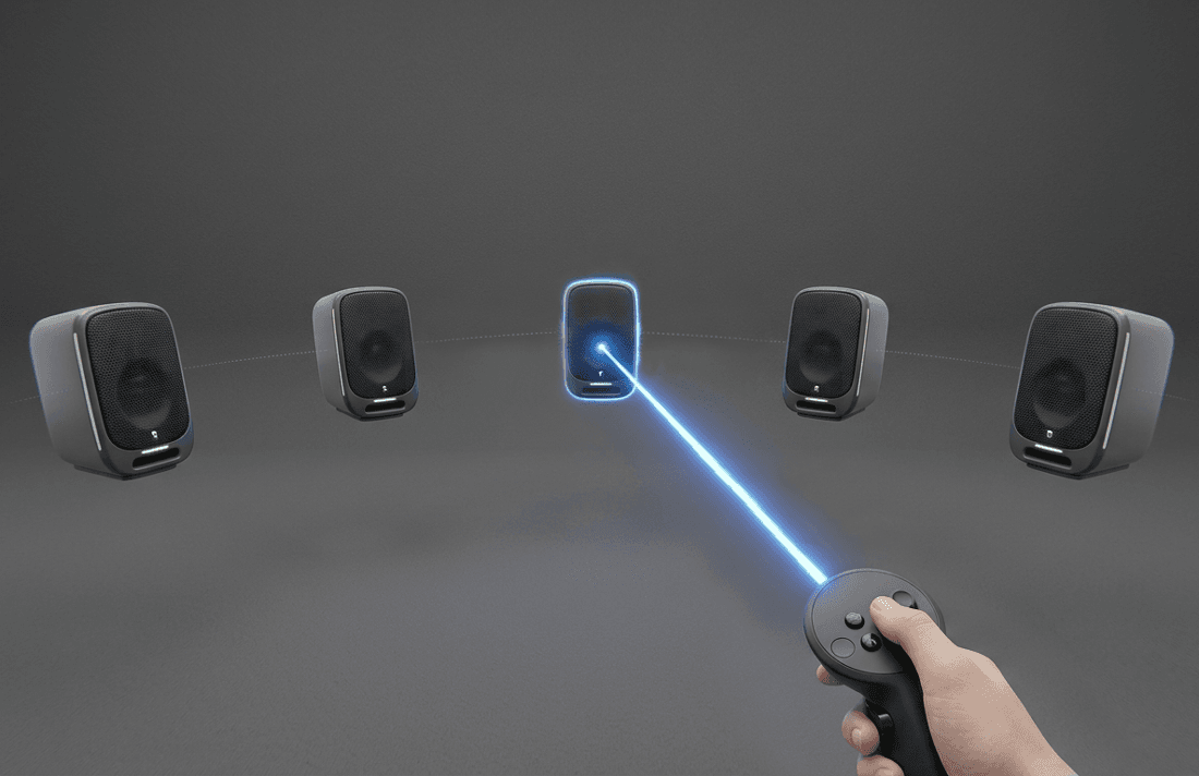 VR 헤드셋 컨트롤러로 소리가 들린 방향의 스피커를 가리키는 장면